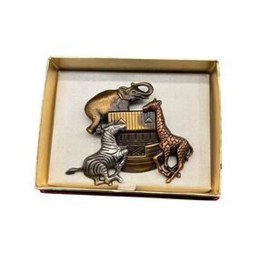 K&T Mixed Metal Noahs Ark Brooch Pin Elephant Giraffe Zebra Multi Tone Vintage
